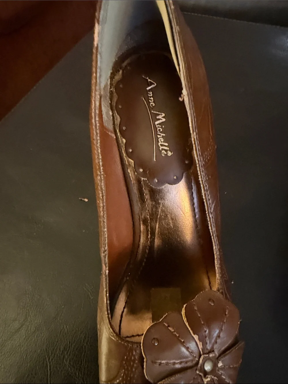 Anne Michelle Brown Floral Embossed Peep-Toe Heels
